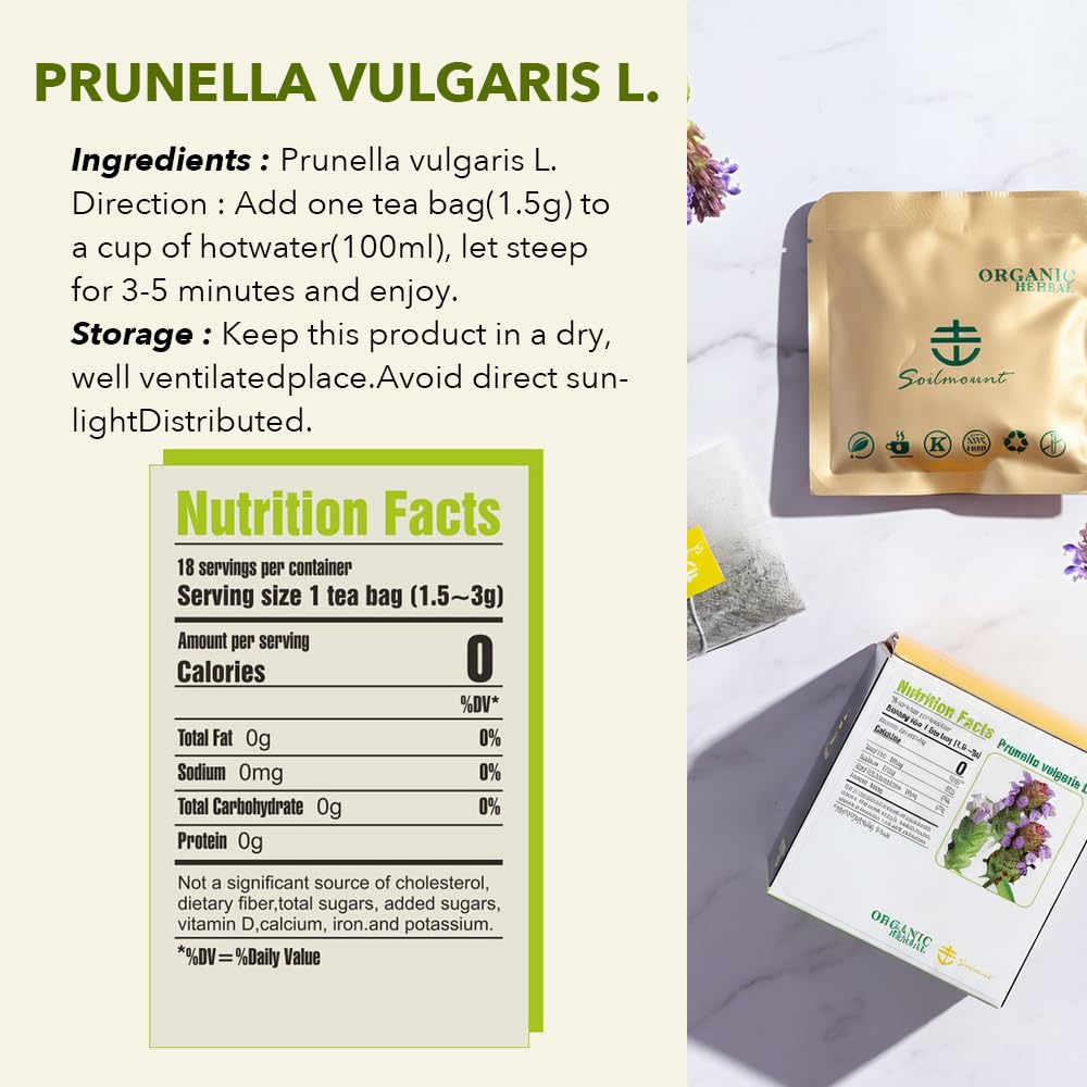 Soilmount - Self-Heal Tea - |Prunella vulgaris|xia ku cao|夏枯草| - Pure Herbal Tea - Natural, Organic, Non-GMO, Clean Ingredients, Caffeine Free (18 Tea Bags, Box 1)