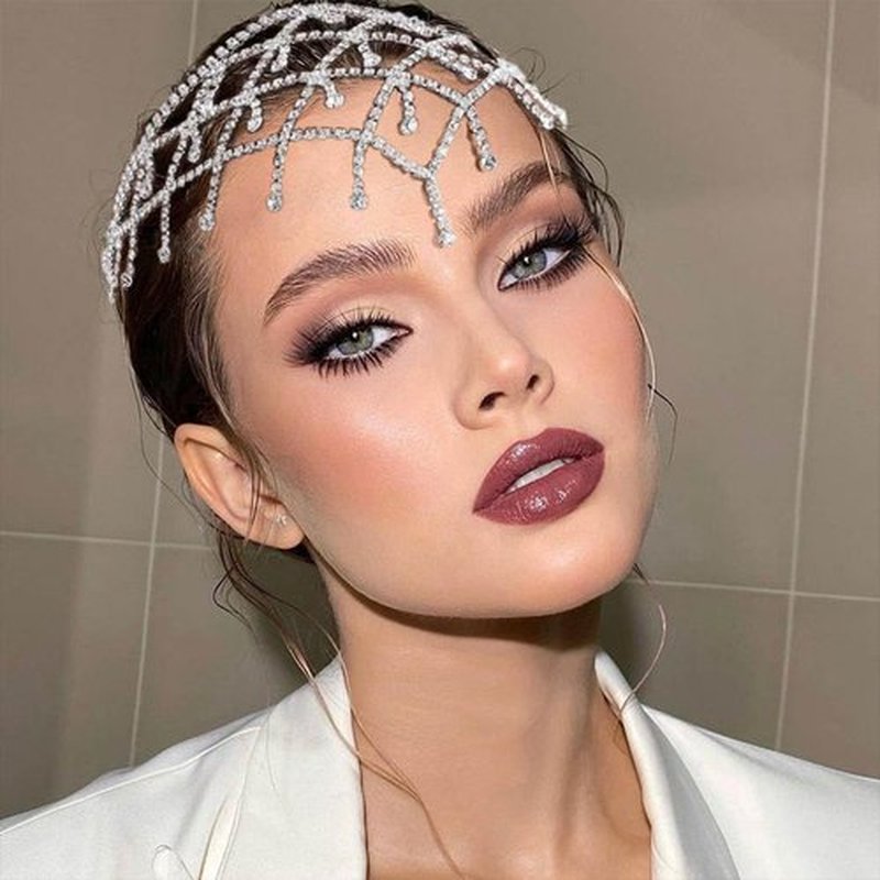 Aularso Rhinestone Head Chain Jewelry Forehead Hair Chain Wedding Tassel Headpiece luxury Crystal Party Headband for Women and Girls (Silver)