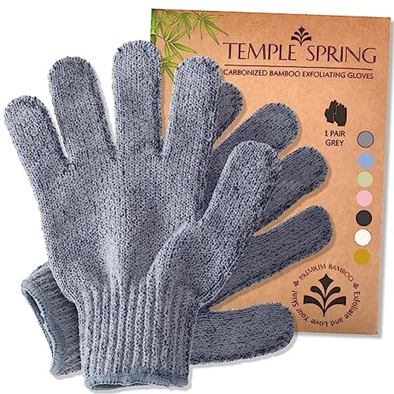 Temple Spring Exfoliating Gloves - Rayon Bamboo Bath/Shower Gloves, Bath Gloves for Shower Exfoliating and Ingrown Hair/Dead Skin Remover - Exfoliator Mitt Scrub Gloves - Grey