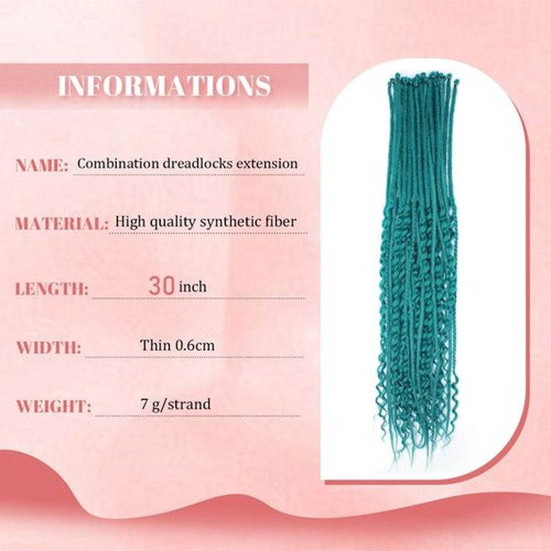Quiduis 30 Inch 30 Strands SE Dreadlock Extensions,3 In 1 Mixed Synthetic Dreads Extensions,Teal Green Curly&Straight&Boho Single Ended Dreads Extensions Hippie Style Dreadlock for Women