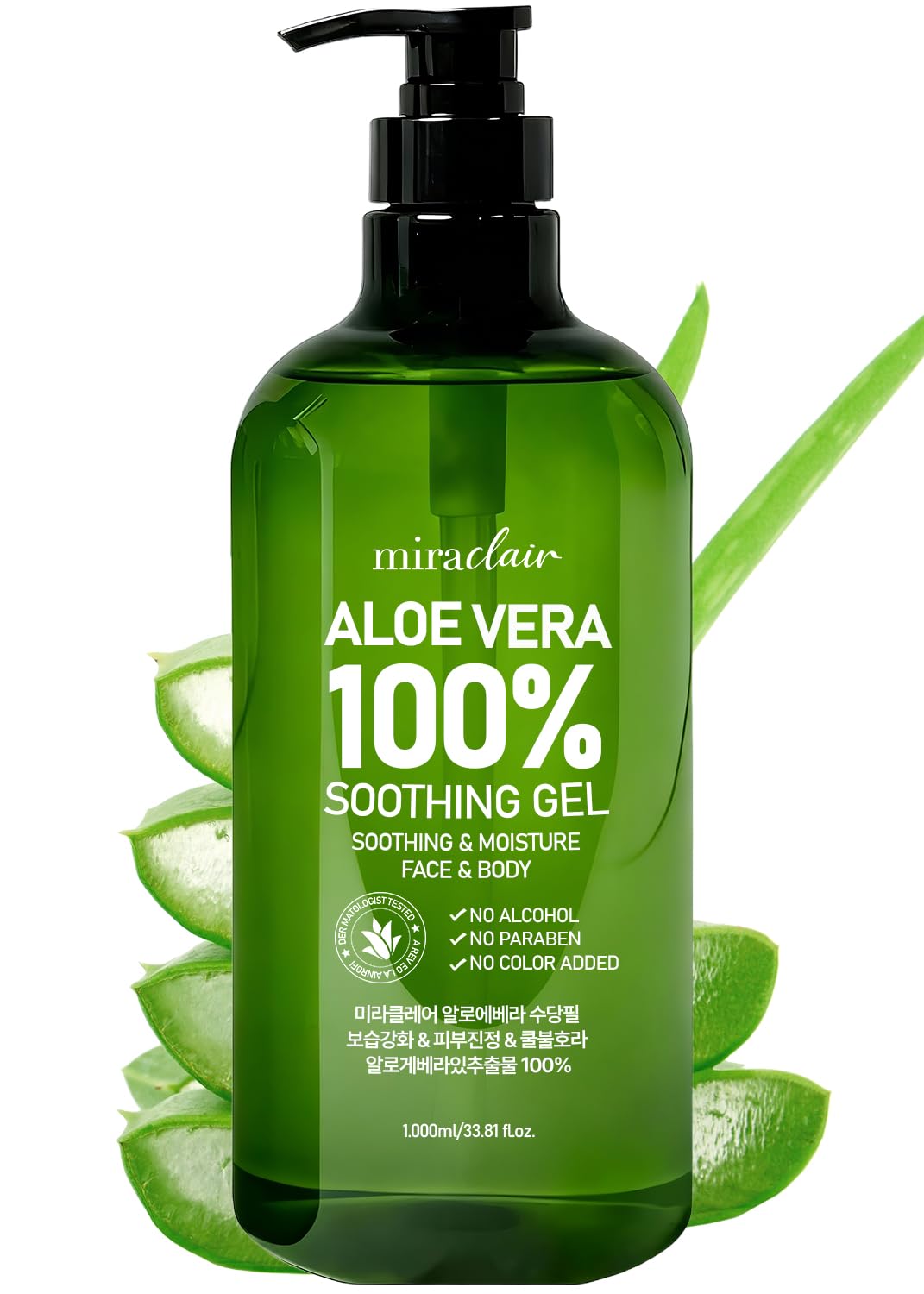 MIRACLAIR 100% Pure Aloe Vera Soothing Gel – Aloe Vera Gel 1000ml, Moisturizing & Calming Skin Care for Face & Body Hair 33.81 fl oz