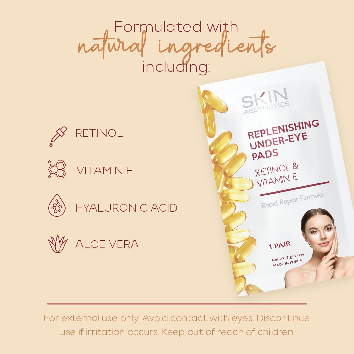 Skin Aesthetics Retinol & Vitamin E Under Eye Patches - Reduces Wrinkles, Fine Lines & Eye Bags, Repairs Skin - Dermatologist Tested Korean Skincare - Clean Beauty, Cruelty-Free - 5 Pairs