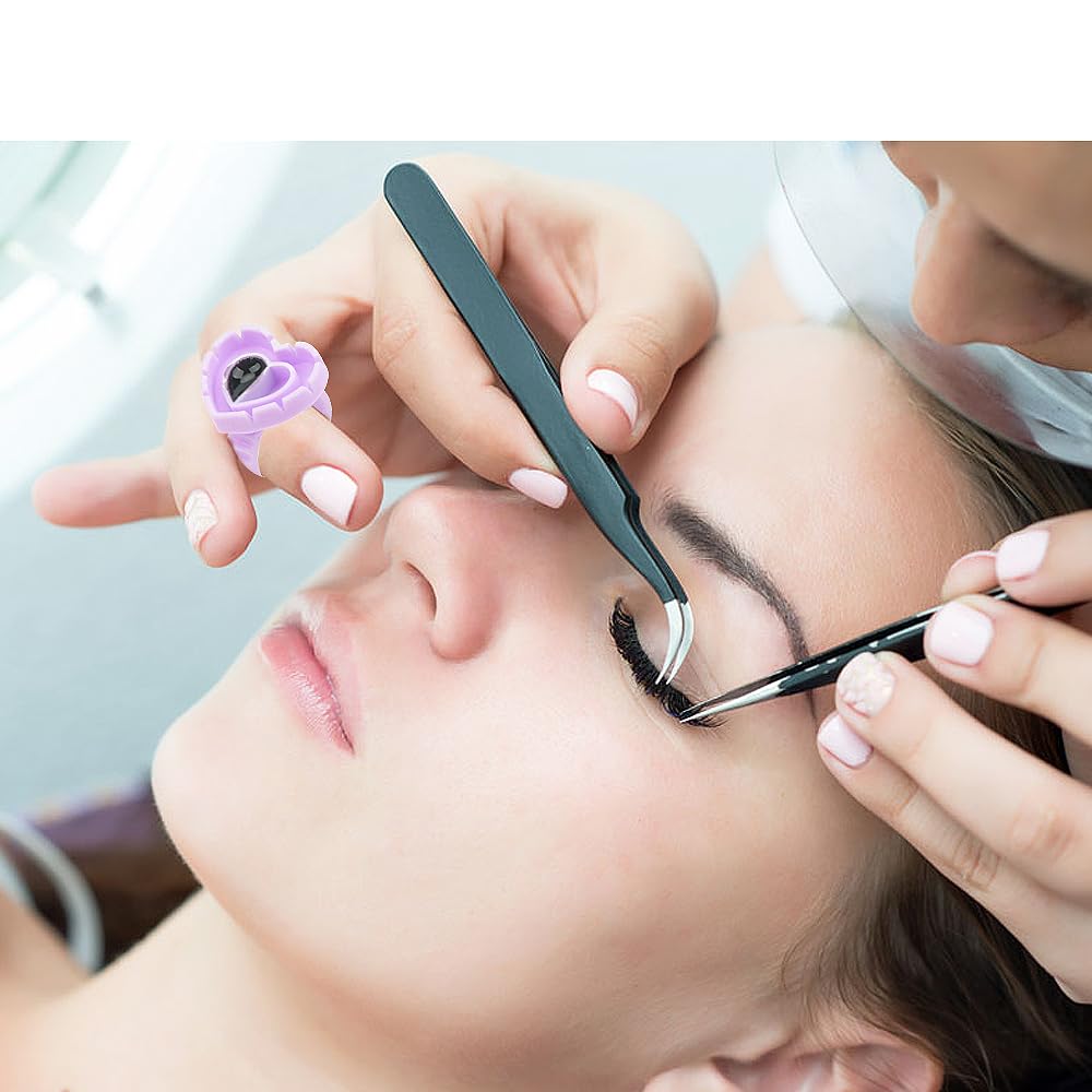 200pcs Disposable Plastic Eyelash Flower Glue Ring Lash Extension Blossom Holder Cup (Heart shape-Purple)