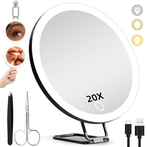 20X Magnifying Mirror with Light, 6'' Makeup Magnifying Mirror with 3 Color Lights Dimming 20x Makeup Mirror with Magnification, Lighted Travel Magnifying Mirror, 3 Suction Cups, 360° Adjustable Stand