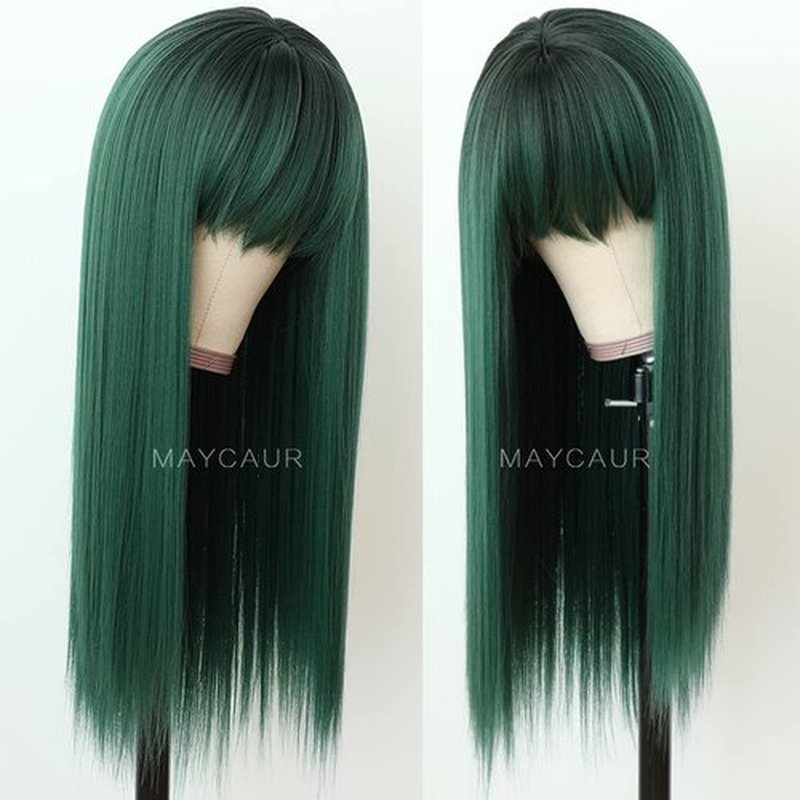 Maycaur Green Synthetic Hair Wigs with Full Bangs Black Green Ombre Color Long Straight Women's Costume Wigs Heat Resistant Synthetic No Lace Front Wigs for Fashion Women