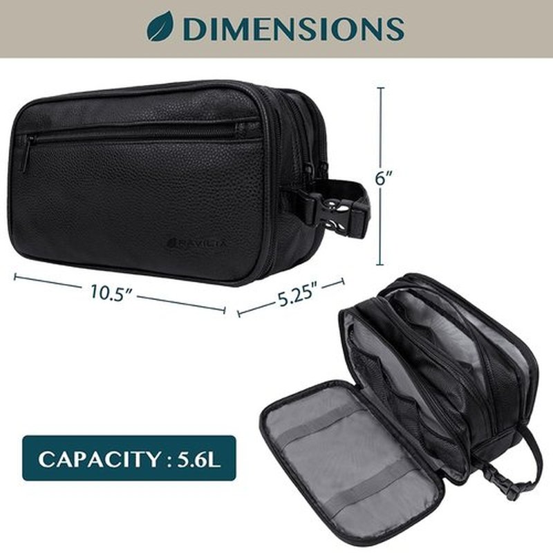 PAVILIA Toiletry Bag for Men, Travel Toiletries Bag | Water-resistant Dopp Kit, PU Leather Shaving Pouch Organizer for Accessories, Cosmetic, Hygiene, Grooming Essentials (Black)