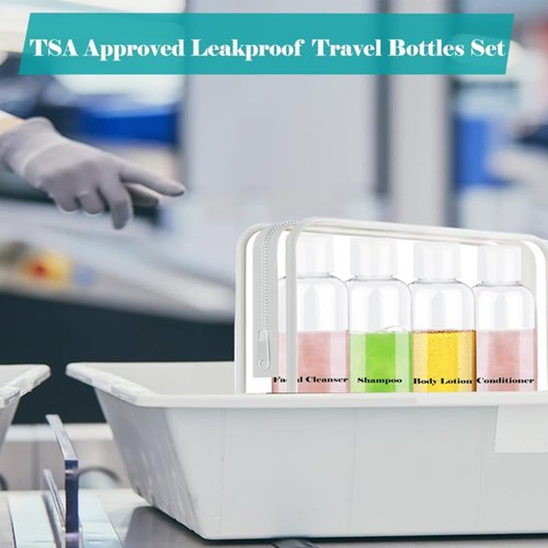 Clear Toiletry Travel Bottles, 3.4oz/100ml TSA Approved Empty Containers with Toiletry Bag - Cosmetic Kit with Labels for Shampoo, Conditioner, Lotion, and Airplane Accessories(4Pack, White)