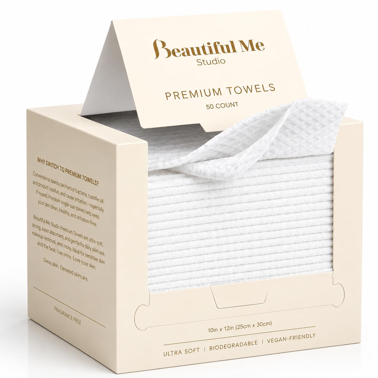 Disposable Face Towels XL (10” x 12”) – Thick & Soft Dry Face Wipes for Sensitive Skin, Makeup Removal & Daily Cleansing, 50 Count, 100% USDA Certified Biobased Content | Beautiful Me Studio
