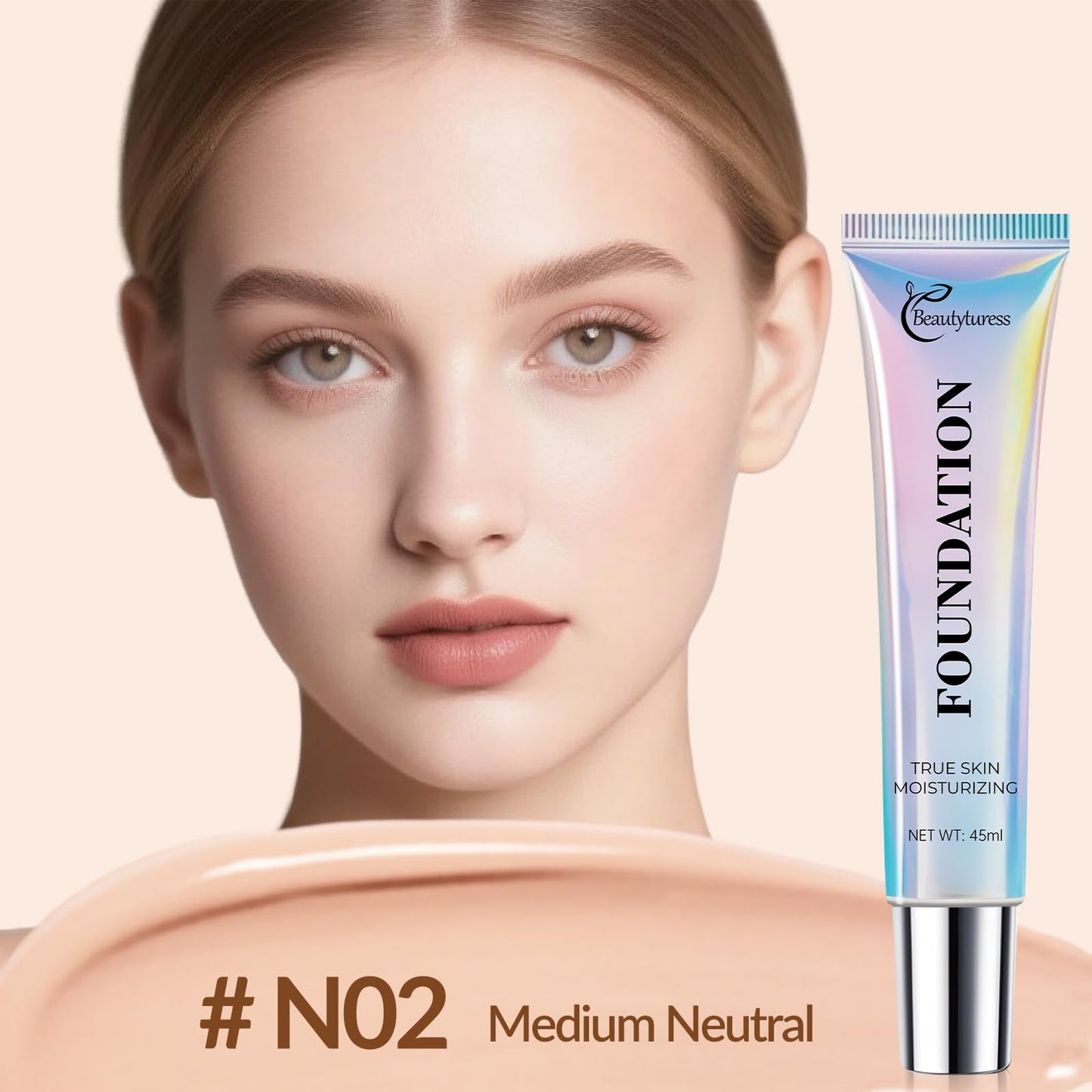 Hydrating Foundation Liquid 45ml - Natural Skin Finish, Buildable & Long Lasting Makeup with Hyaluronic Acid & Niacinamide - Includes Foundation Brush & Blender Sponge (NO2)