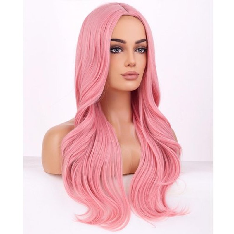 BERON Pink Wigs Long Wavy Wig for Women Natural Curly Pink Colorful Heat Resistant Synthetic Hair Wigs for Cosplay Party Daily or Used