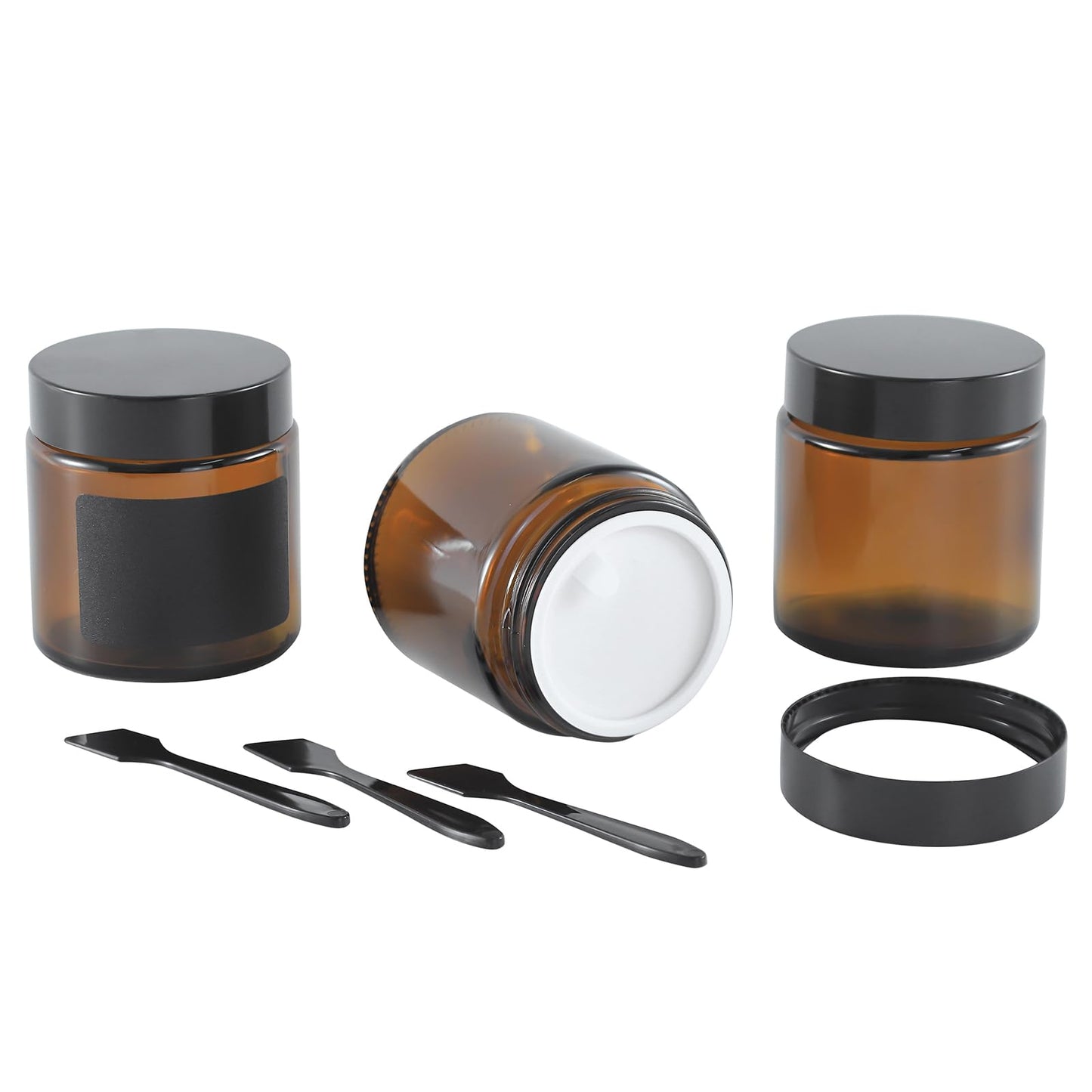 Lustervial 3 Pack 4 oz Amber Small Glass Jars with Airtight Lids, Lotion Containers, Cosmetic Containers, Little Travel Jars for Creams with Black Mini Spoon & Black Labels Included