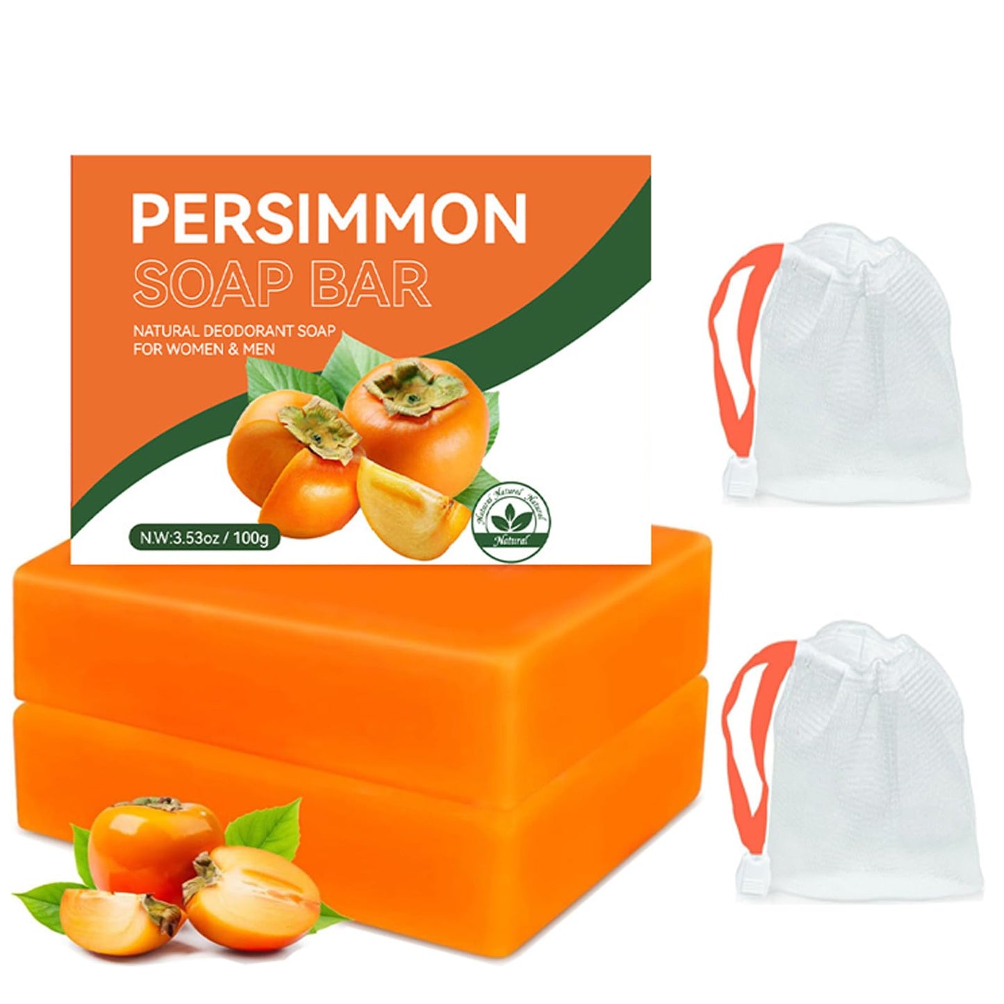 2 PCS Persimmon Soap Bar for Body Odor Control – Natural & Organic Deodorant for Old People Smell. Handmade Bar Soap Removes Strong Odor, Deeply Cleansing & Moisturizing for Women & Men