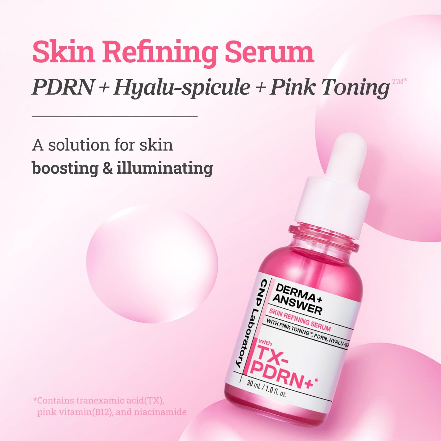 CNP PDRN + Tranexamic Acid Serum, Pink Toning Skin Booster, Niacinamide & Micro-spicules, for Glass Skin, Korean Skin Care, 1. 01 fl. oz. (Pink)