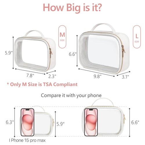 PACKISM TSA Approved Toiletry Bag - Glitter Textured Clear Toiletry Bag, Personalized and Fashion, with 180° Large Opening and Supporting Frame, Perfect for Travel Essentials, Thick No Smell, White