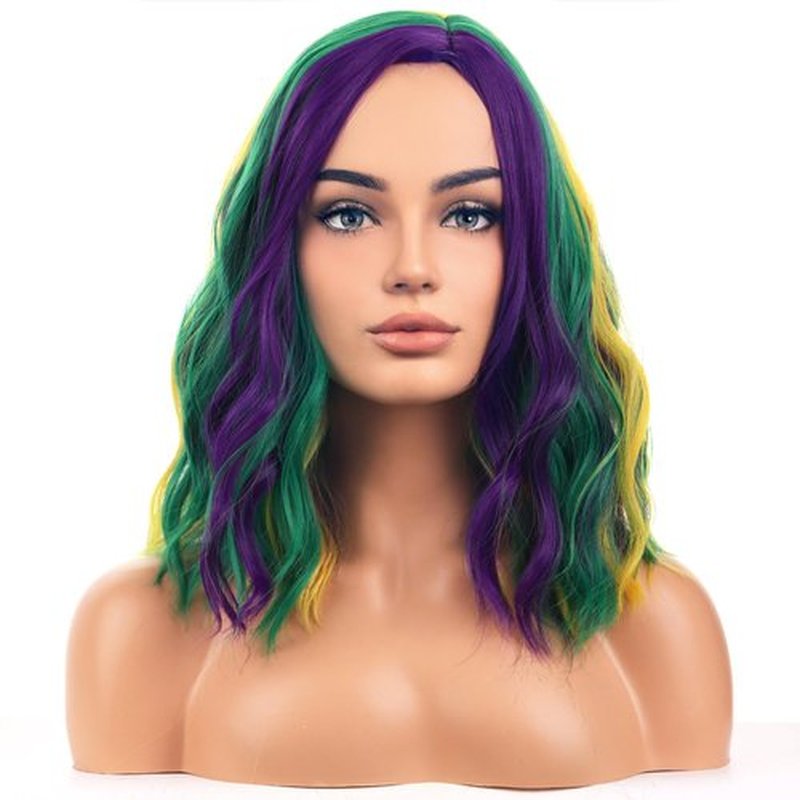 BERON Mardi Gras Wigs for Womens Girls Mardi Gras Costume Cosplay Purple Green and Yellow Colored Side Part Wigs Shoulder Length Mardi Gras Cosplay Party Wigs