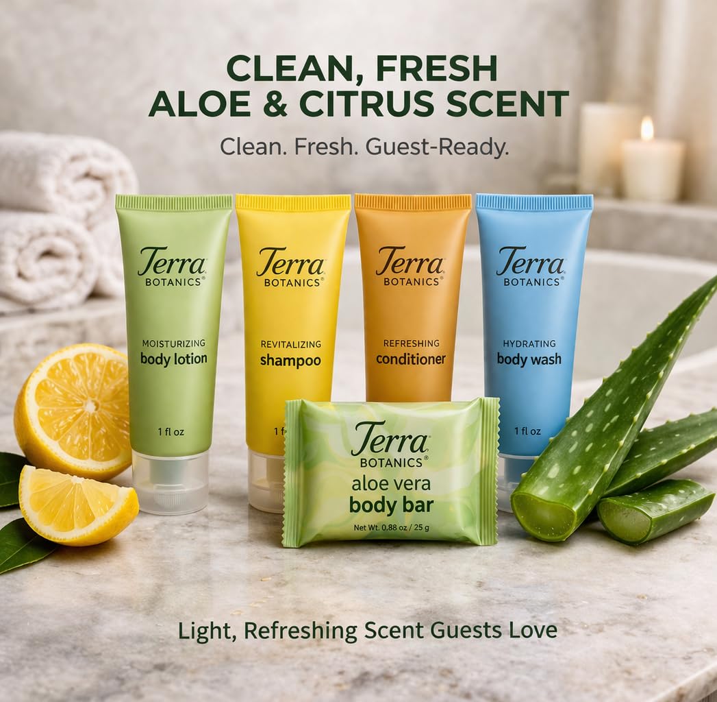 Terra Botanics Hotel Amenities Kit – 300 Piece Set (60 Each) – Shampoo, Conditioner, Body Wash, Lotion & Body Bar – Bulk Guest Toiletries for Hotels, Airbnb, Vacation Rentals