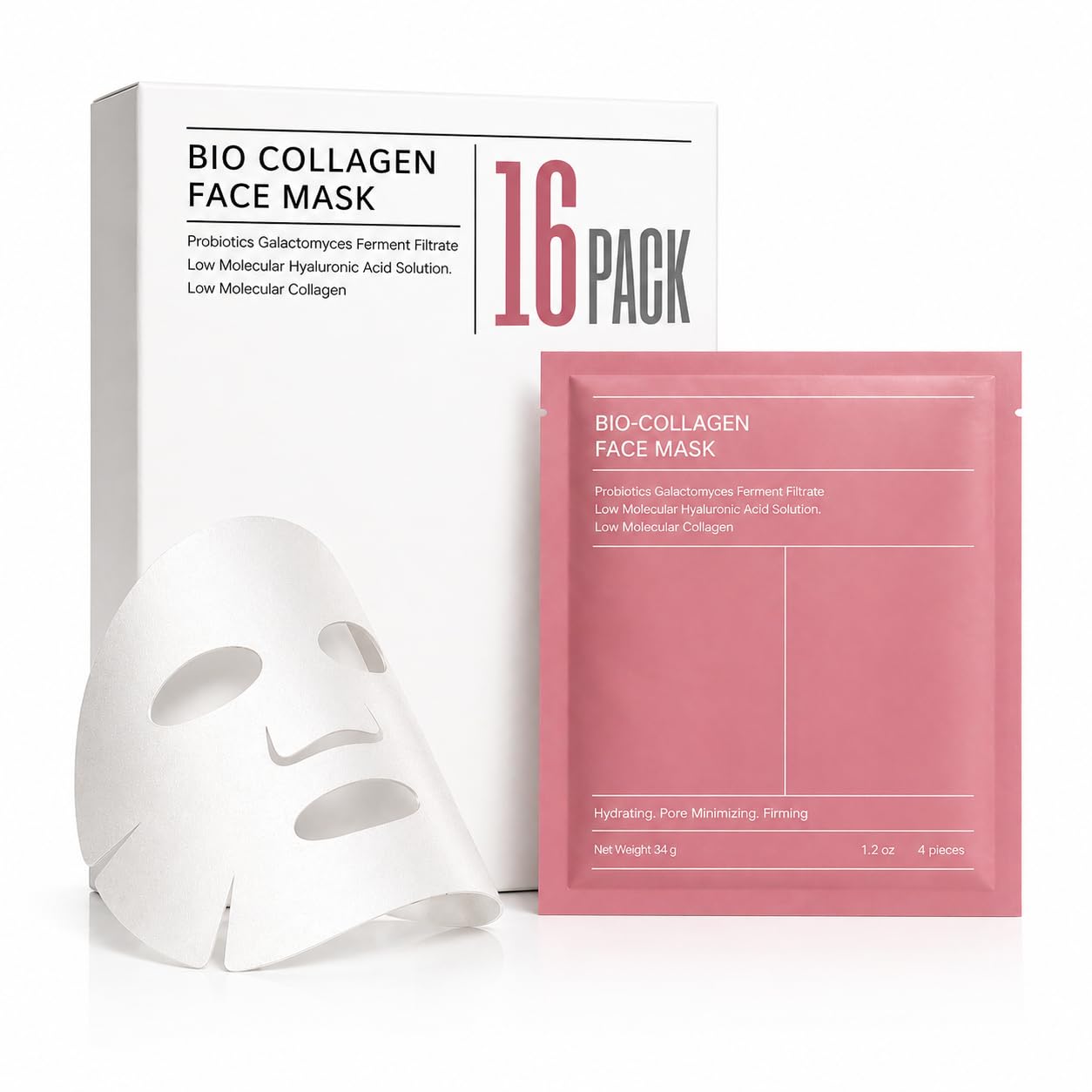 Bsovira Bio Collagen Face Mask 16 Pack – Hyaluronic Acid Korean Sheet Mask