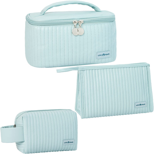 MIRASON Makeup Bag Set of 3 Cute Cosmetic Travel Organizer Bag Pouch Set for Women PU Leather Waterproof Toiletry Bag 3 Piece, Light Blue