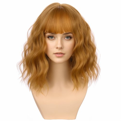 PATTNIUM Strawberry Blonde Wig with Bangs for Women Short Curly Wavy Blonde Wig Strawberry Blonde Bob Synthetic Wig with Wig Cap
