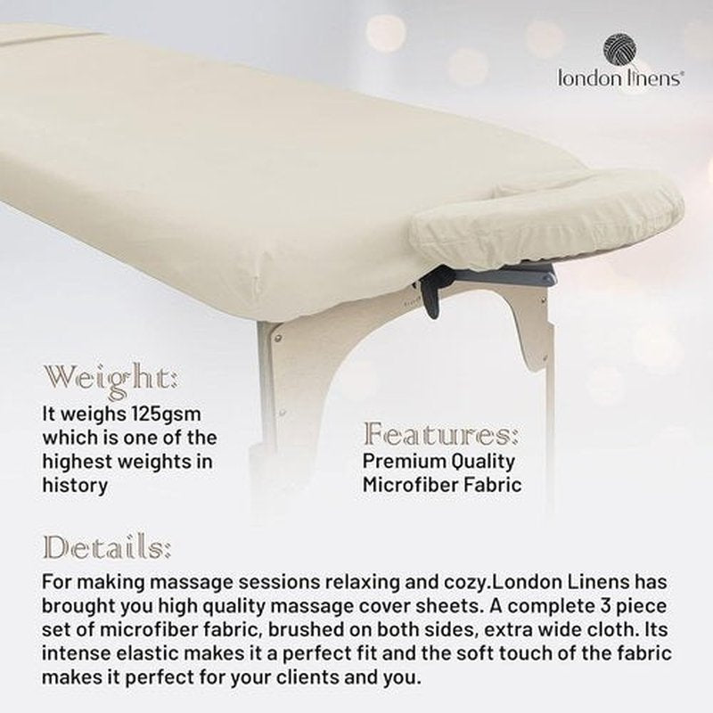 LONDON LINENS Soft Microfiber Massage Table Sheets Set 3 Piece Set - Includes Massage Table Cover, Massage Fitted Sheet, and Massage Face Rest Cover (Cream) Pack of 2