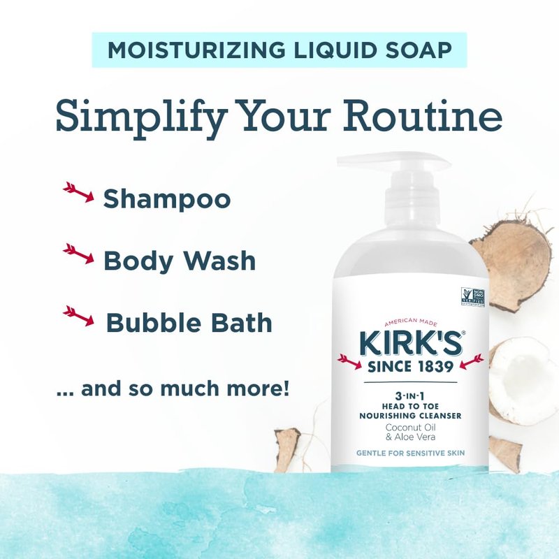 Kirk's 3-in-1 Nourishing Cleanser | Fragrance-Free Shampoo, Body Wash & Bubble Bath with Coconut Oil & Aloe Vera - 32 Fl Oz (Pack of 2)