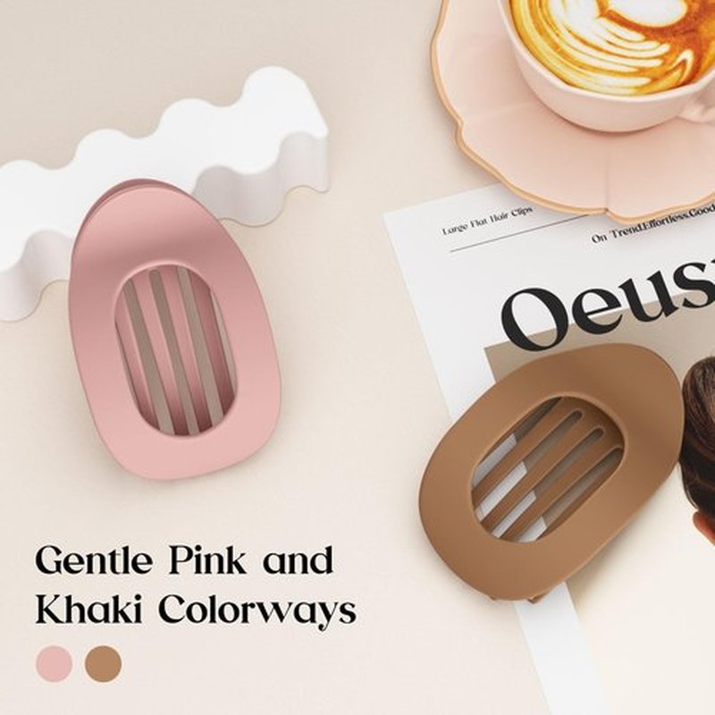 Oeusnael 2 PCS Flat Hair Clips, French Round Lay Down Claw Clips for Women Girls, Matte Non-slip Strong Hold Hair Clips for Thick Thin Hair, Comfortable Curved Flat Hair Clips, Gentle Pink & Cream
