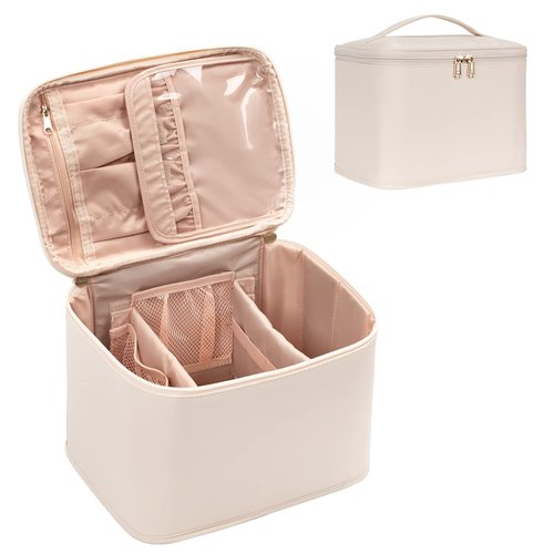 OCHEAL Makeup Bag, Portable Cosmetic Bag, Large Capacity Travel Makeup Case Organizer, Makeup Bags For Women Toiletry Bag for Girls Traveling With Handle and Divider- Beige Large