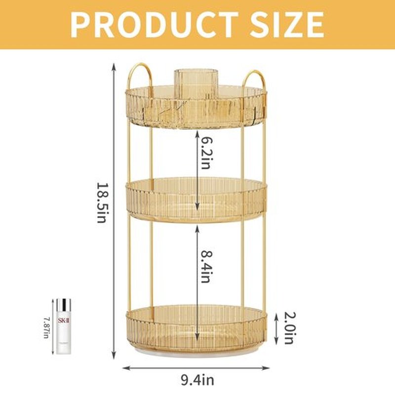 360° Rotating Makeup Organizer, Large-Capacity Skincare Make Up Storage 3 Tier Perfume Organizers Cosmetic Dresser Organizer with Makeup Brush Holder, Fits Bedroom, Bathroom, Vanity Shelf Countertop