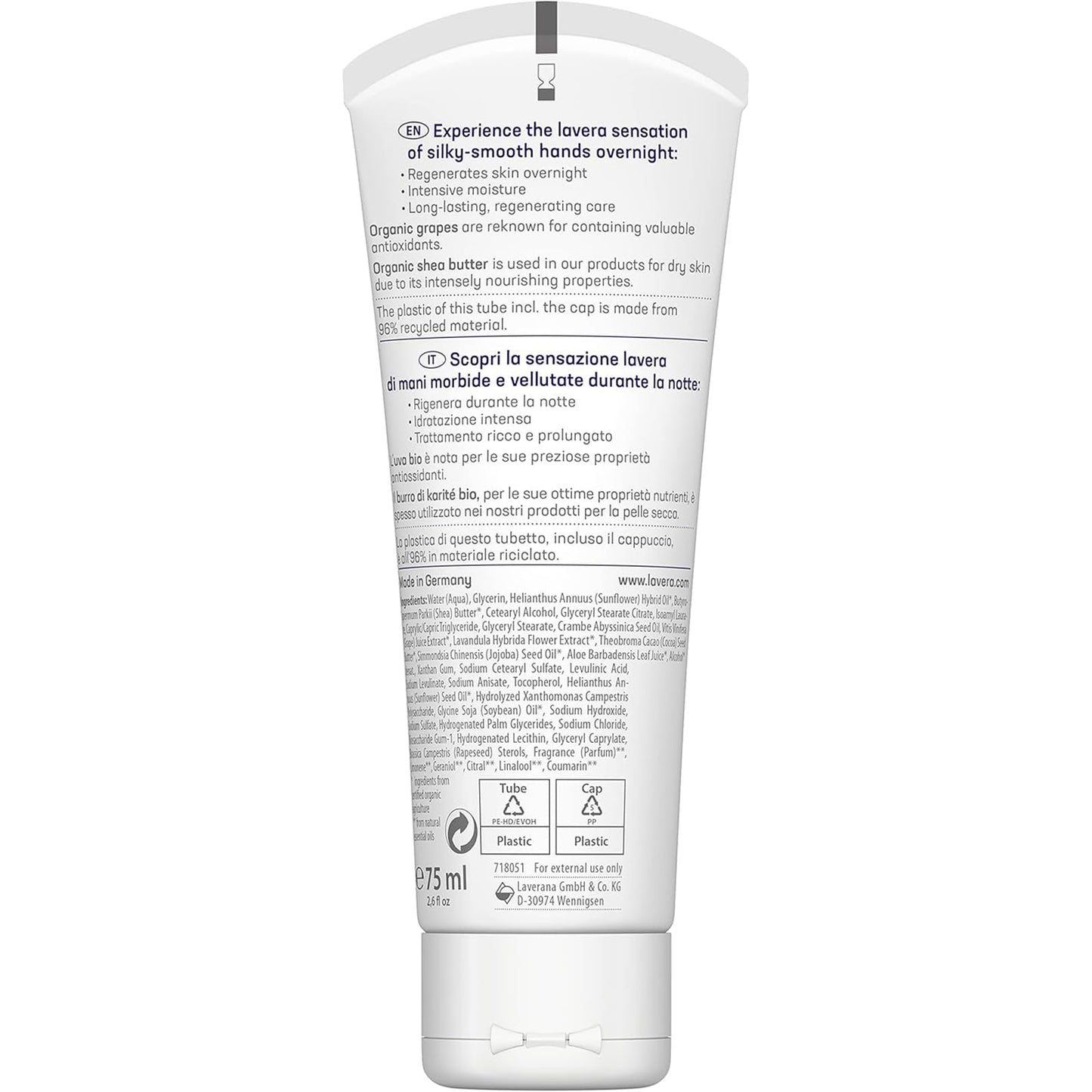 lavera Good Night 2in1 Hand Cream and Mask - natural cosmetics - vegan - certified - grape & shea butter - 2.5 Fl Oz
