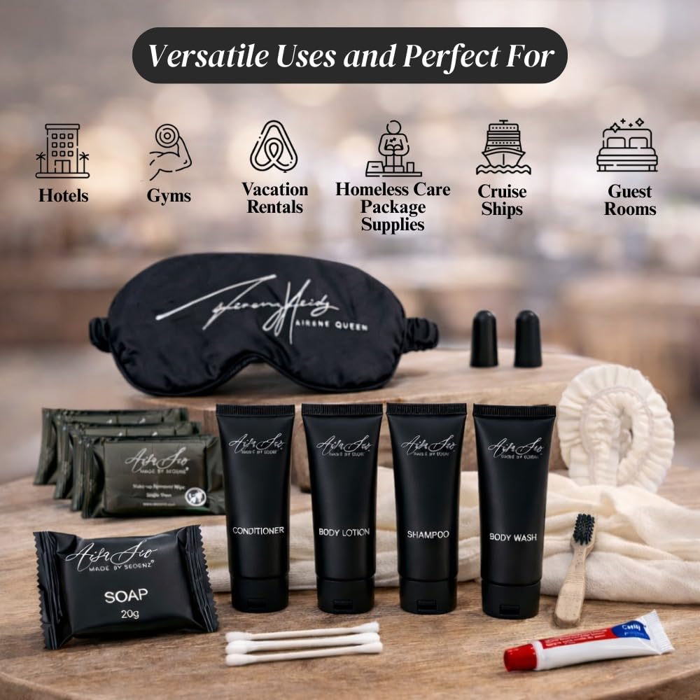 24 Piece Toiletry Kit for Hotels & Airbnb | 1oz Shampoo, Conditioner, Body Wash, Body Lotion, Bar Soap, Shower Cap, Razor, Toothbrush Set, Qtips & Makeup Remover Wipes (Toiletry Kit, 1)