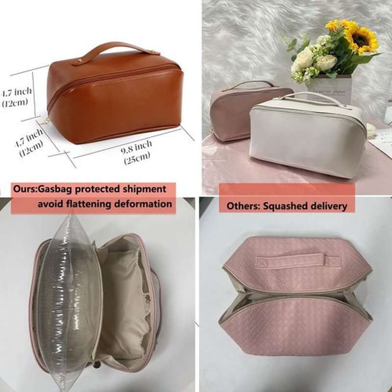 MINGRI Large Capacity Travel Cosmetic Bag for Women,Portable PU Leather Makeup Bag Water Resistant,Flat Open Multifunctional Storage Travel Toiletry Bag with Divider and Handle (Mocha Brown)