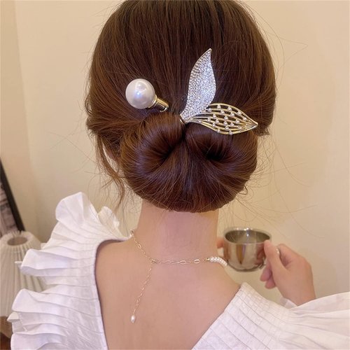 Ins Style Elegant Lazy Hair Curler, French Twist Hair Bun Maker, Lazy Flower Hairpin,Rhinestone Hand-Embroidered Flower Hair Accessory (2Pcs-Fish Tail+Pearl)