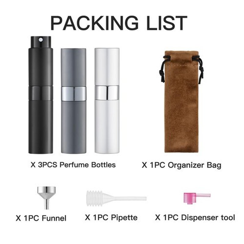LISAPACK 8ML Atomizer Perfume Spray Bottle for Travel (3 PCS) Empty Cologne Dispenser, Portable Sprayer (Black, Silver, Grey)