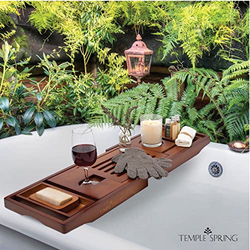 Temple Spring Bathtub Caddy Tray - Extendable Bath Tray for Bathtub with Candle, Wine Glass, Book, Pad & Phone Holders - Adjustable Bathtub Tray Over tub w/Bathroom Accessories - Acacia Wood