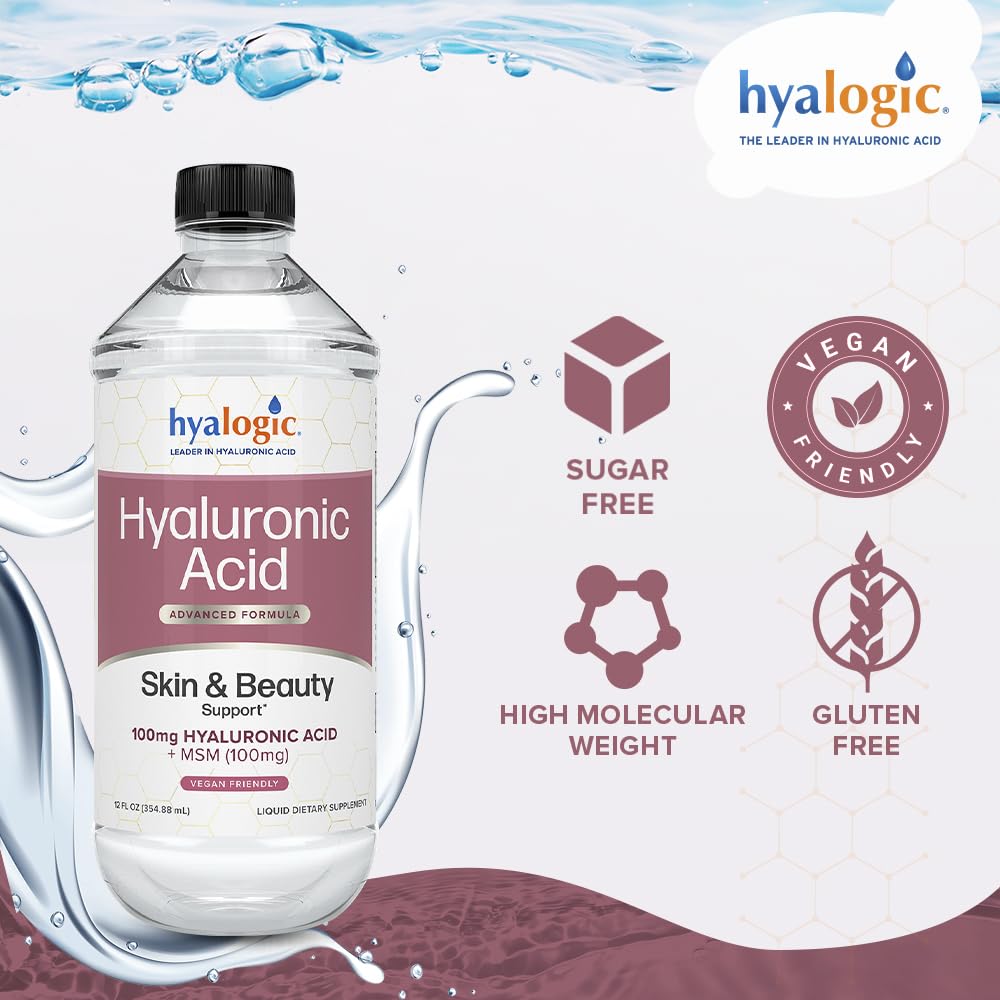 Hyalogic Liquid Hyaluronic Acid Supplement - Ingestible Skin Support with 100mg HA and 100mg MSM - Natural Hydration for the Face, Eyes and Lips - High Molecular Weight Formula - 12 oz