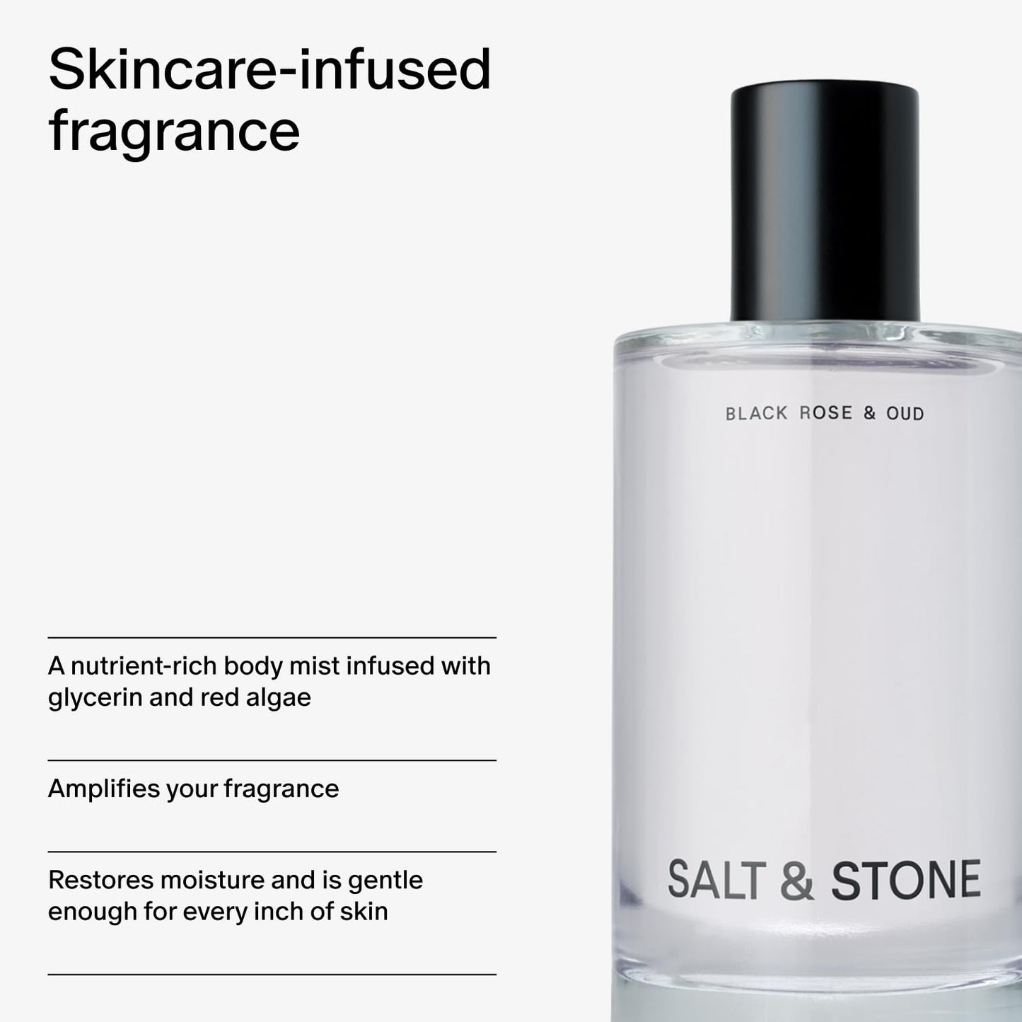 Salt & Stone Body Mist | Black Rose & Oud | Skincare Infused Hair & Body Spray for Women and Men | Hydrating Fragrance with Glycerin and Red Algae | Vegan, Cruelty Free, 3.4 fl oz