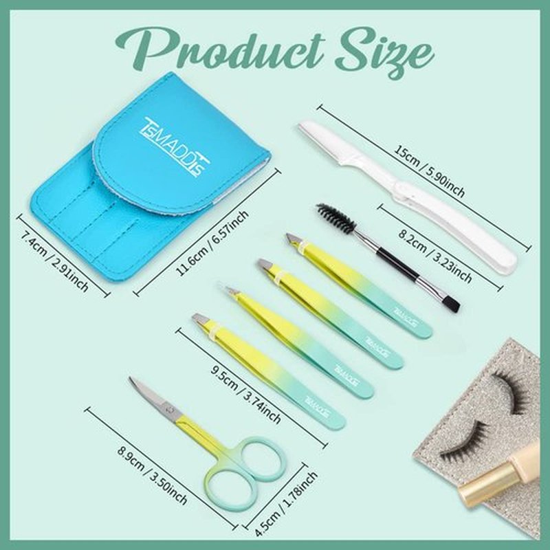 Eyebrow Tweezer Set, TsMADDTs 7 Pcs Tweezers Set for Women, Precision Tweezer for Eyebrows with Curved Scissors and Eyebrow Razor for Ingrown Hair,Yellow&Green