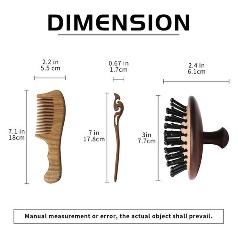 3PCS Wooden Hair Brush Air Cushion Comb Green Sandalwood Cute Hairpin with Storage Bag Portable Travel for Massaging Scalp Women Men Kids (Hairpin + Handle Comb + Circular Air Cushion Comb)