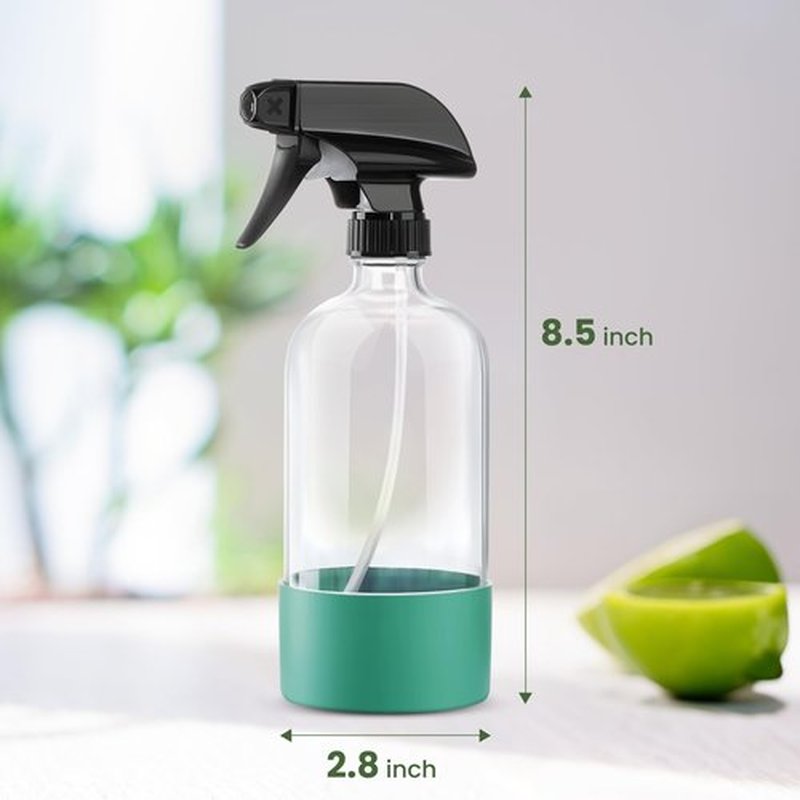 LiBa Glass Spray Bottles for Cleaning 2 Pack, 16 oz Refillable Empty Spray Bottle with Silicone Sleeve for Essential Oils, Hair, Plants, Adjustable Nozzle for Squirt and Mist, Label Sticker Included