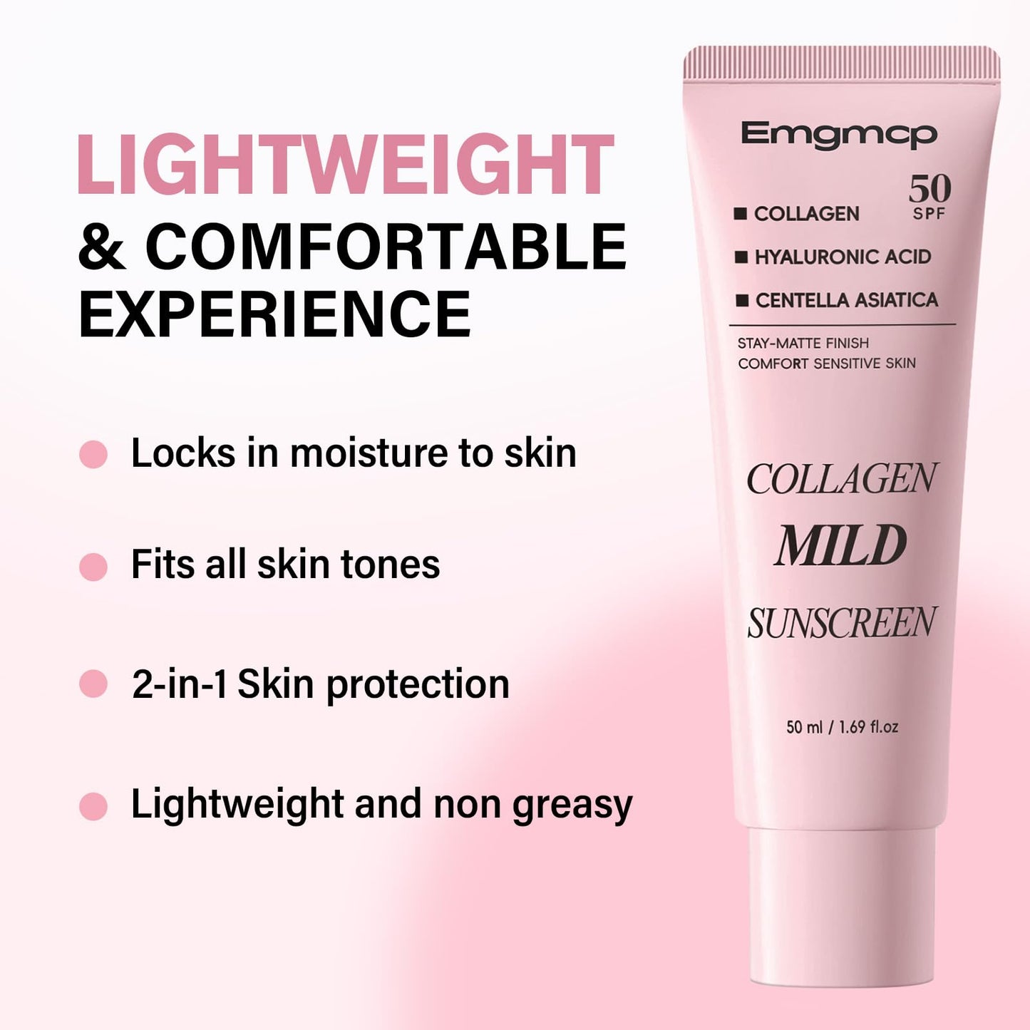 Collagen Mild Sunscreen, SPF 50 Broad Spectrum Facial Sunscreen, Lightweight Non-Greasy No White Cast, Hydrating Formula with Peptide & Cica for Soothing & Natural Glow (1pc)