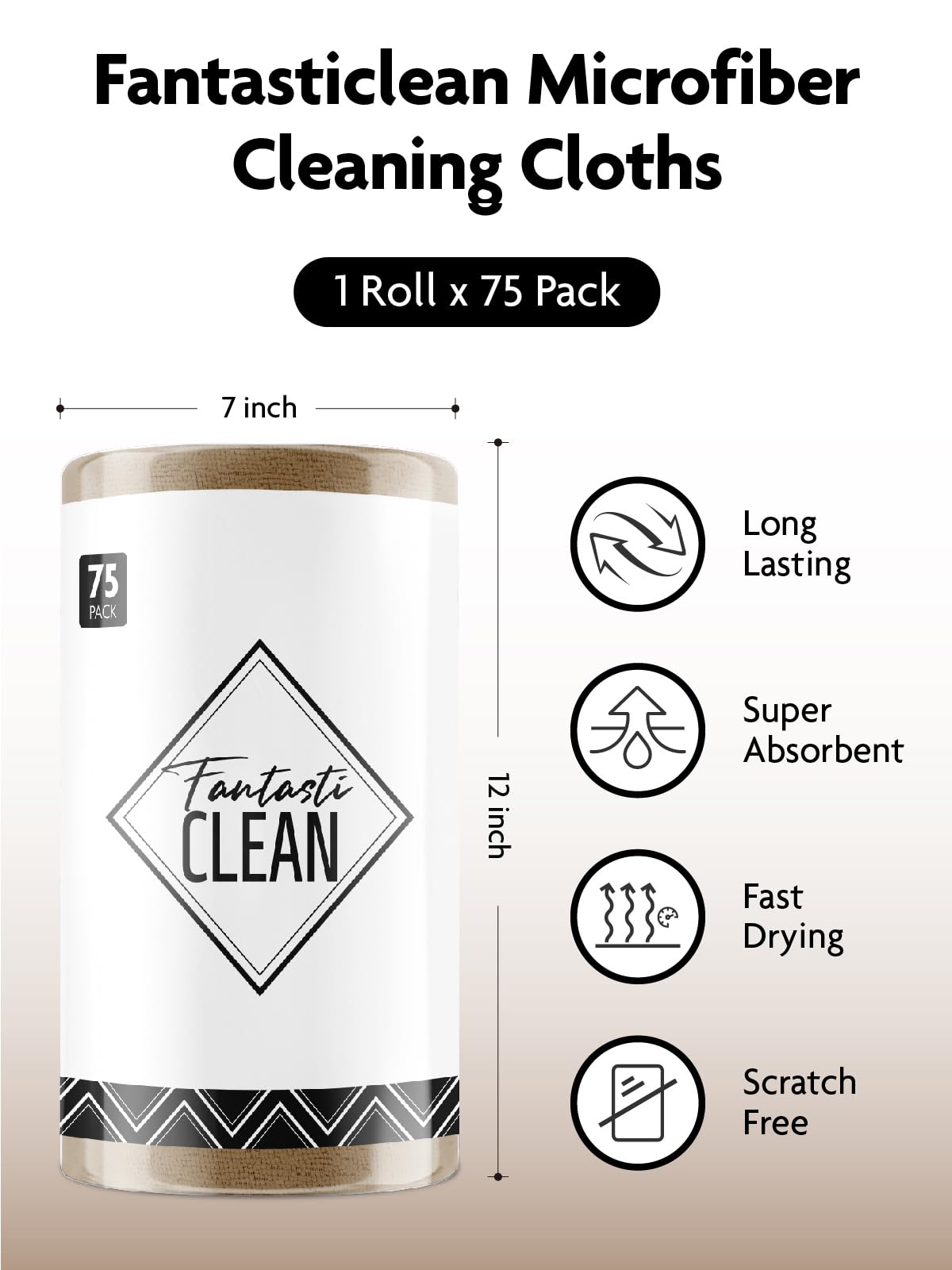 Fantasticlean Microfiber Cleaning Cloth Roll- 75 Sheets, 12" x 12" (TAN)