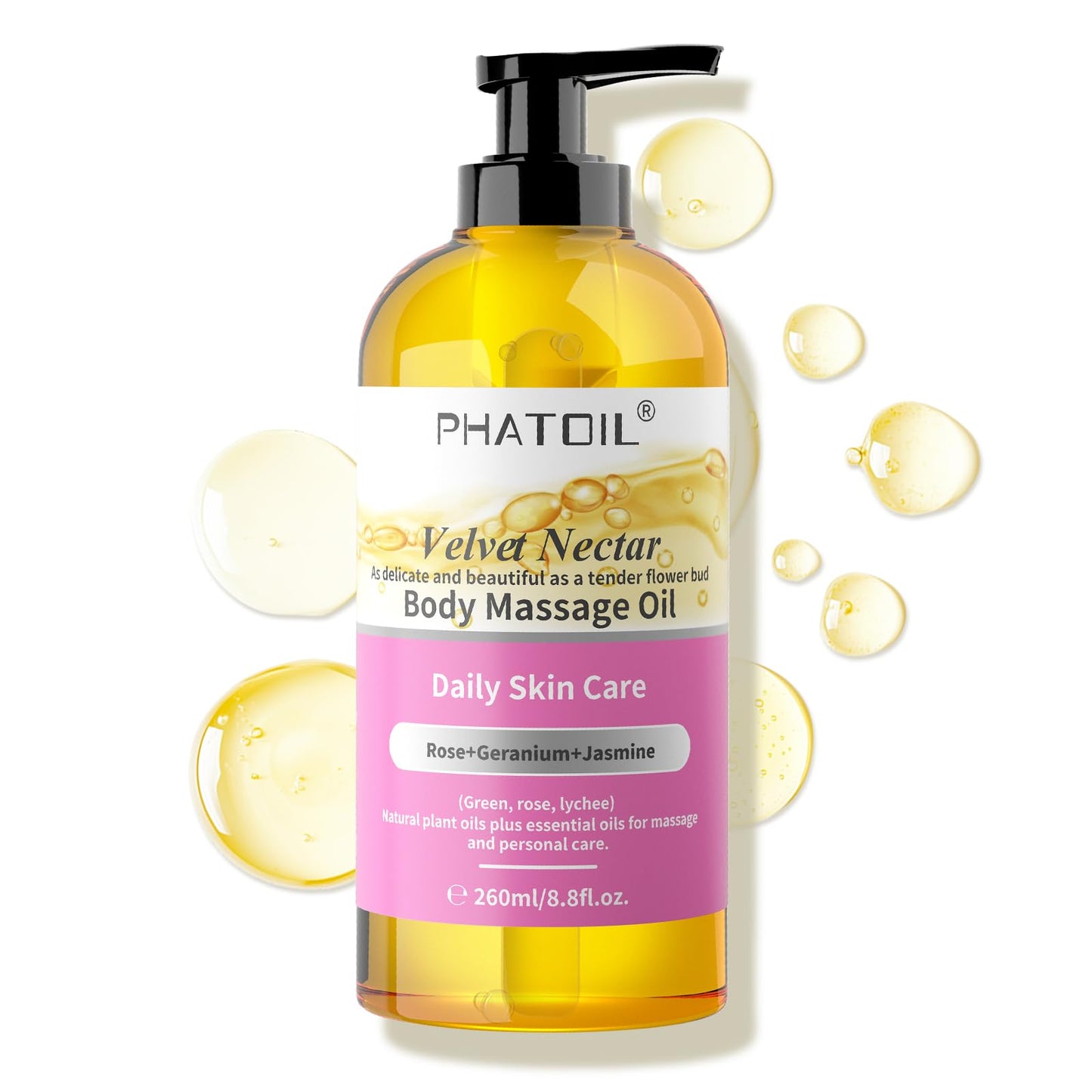 PHATOIL Rose Body Oil, Velvet Nectar Body Massage Oil 260 ml (8.8 fl.oz), Blends of Natural Plant Oils & Essential Oils for Massage and Skin Care, Body Oils for Women and Men