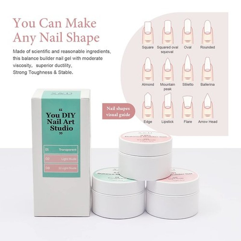 X&D Poly Gel Nail Kit Natural Clear 3 Colors Poly Nail Gel Kit Quick Dry Nail Extension Balance Builder Nail Gel Set 03
