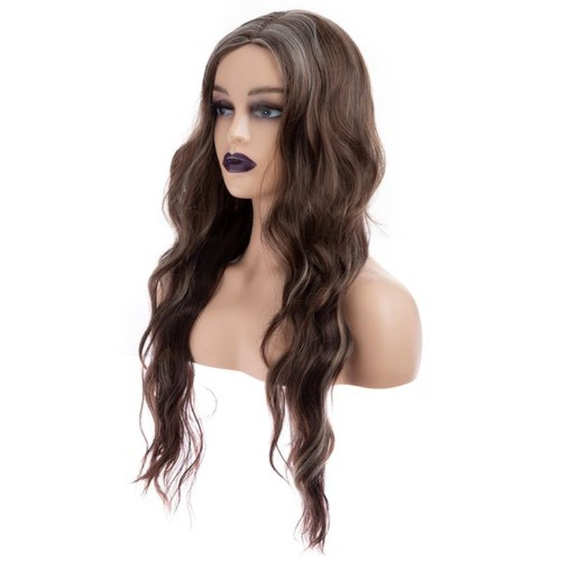 Wiwige Long Wavy Brown Wig for Women Middle Part Curly Mixed Brown Wig Heat Resistant Synthetic Hair Wigs for Daily Use