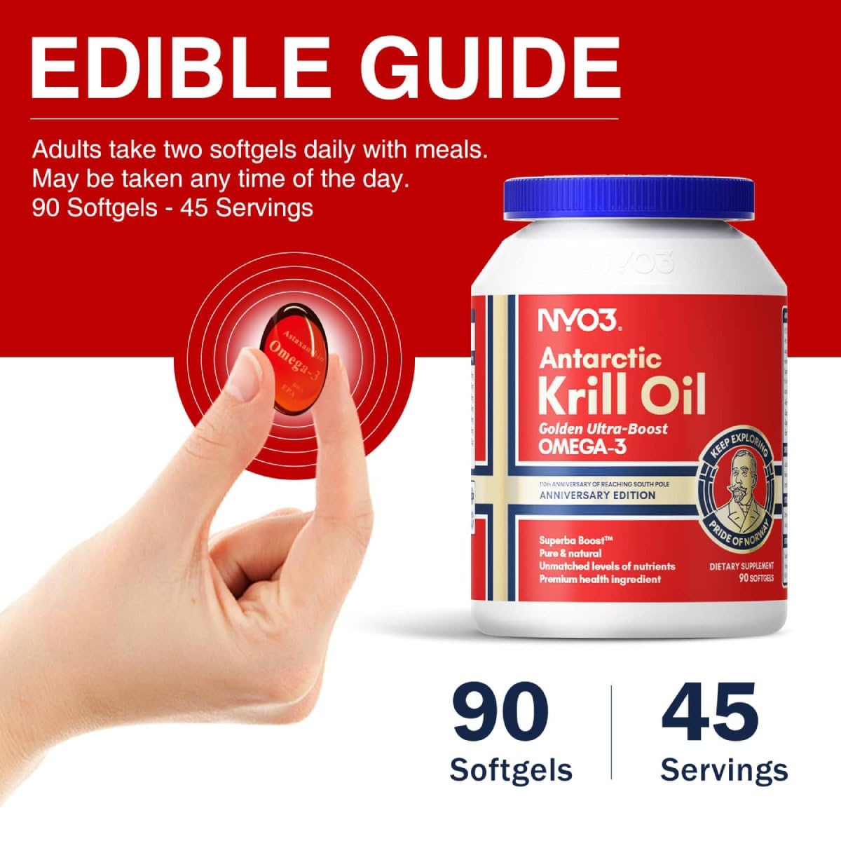 NYO3 1500mg Krill Oil Omega 3 Supplement, Senior's Top Choice, High Content EPA DHA & High Absorption Pure Antarctic Krill Oil with Astaxanthin and 56% Phospholipids, Laboratory Tested,90 Softgels