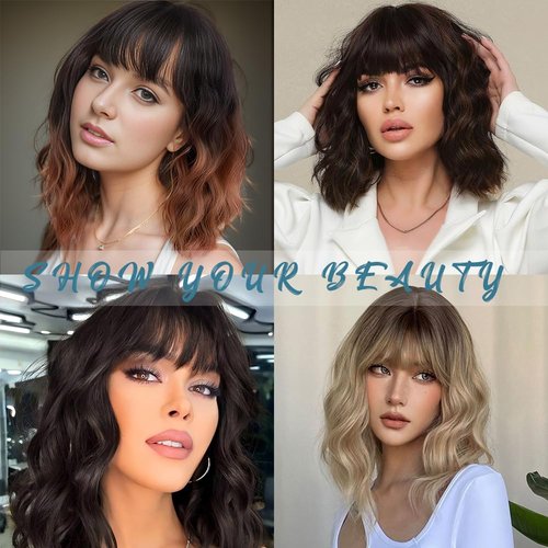 Short Blonde Wigs with Bangs 14Inch Wavy Curly Blonde Bob Wig for Women Shoulder Length Natural Looking Hair Replacement Wig for Daily Party Use Cosplay Costume Halloween Wig