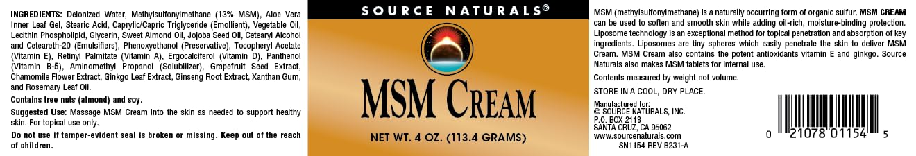Source Naturals MSM Cream, 4 ozs