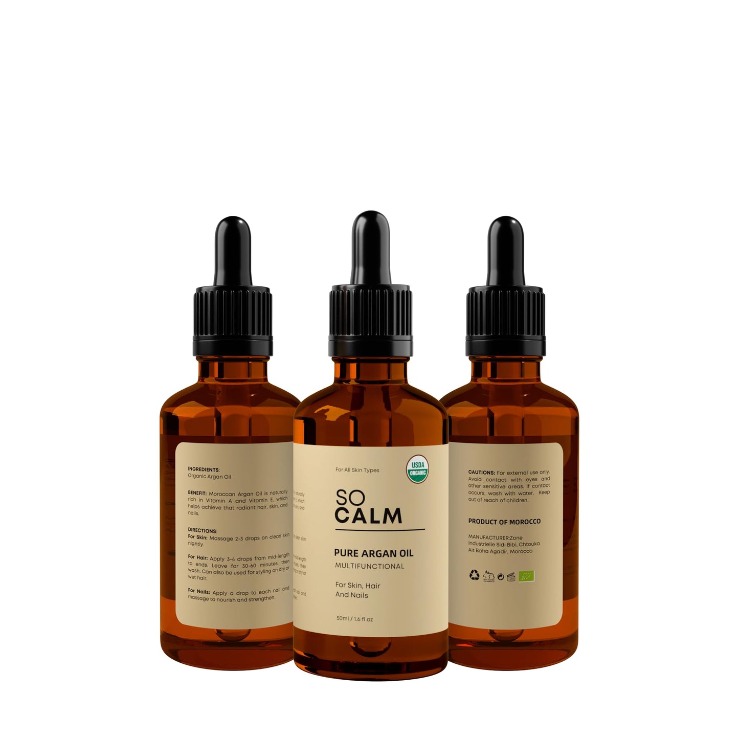 SoCalm 100% Pure Argan Oil – Cold-Pressed & Organic, Deep Moisture for Face, Skin & Hair, Rich in Vitamin E & Fatty Acids - 1.6oz / 50ml