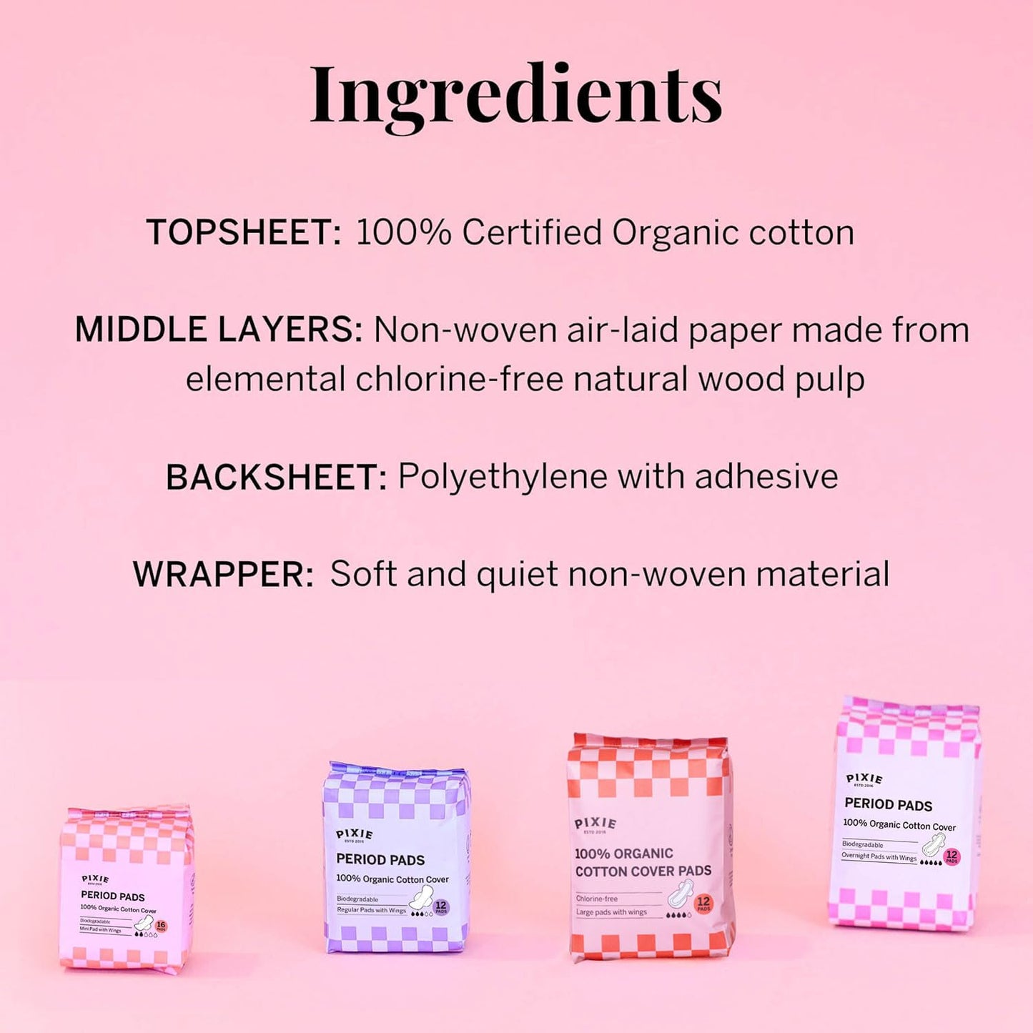 Pixie Organic Cotton Ultra Thin Regular Long Pads with Wings – Comfortable, Leak-Proof Protection for Everyday Flow – Hypoallergenic, Unscented, Soft & Breathable – Eco-Friendly, 12 Count
