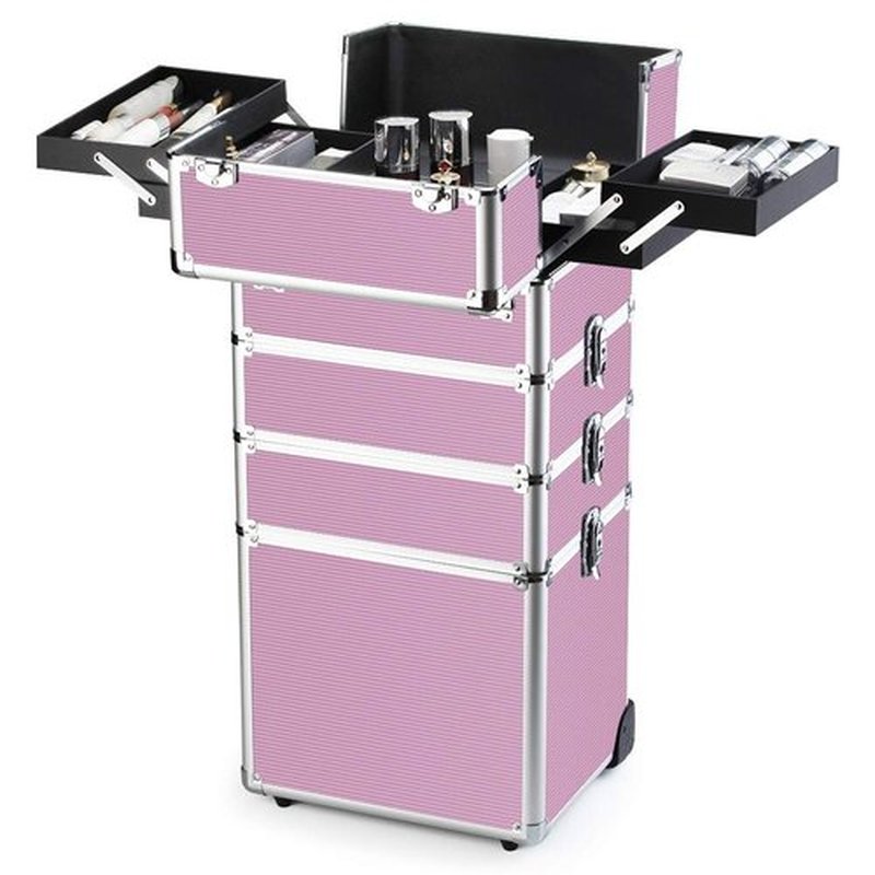OUDMAY Makeup Train Case 4 in 1 Professional Cosmetics Rolling Organizer Aluminum Frame and Folding Trays Pink